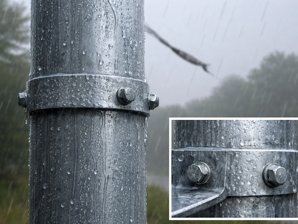 Galvanized steel pole in rain with close-up of protected connection points and baffle, wind-tossed rain streaks.