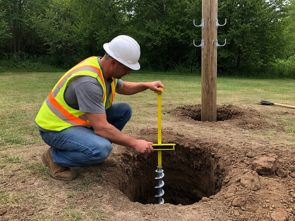 Worker checks ground socket depth beside an upright utility pole with arms and hooks aligned