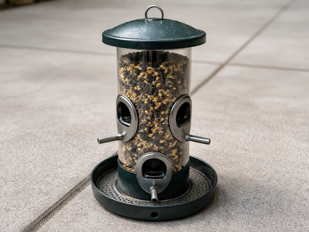 Close-up of a metal bird feeder showing ports, removable top, and drainage opening.