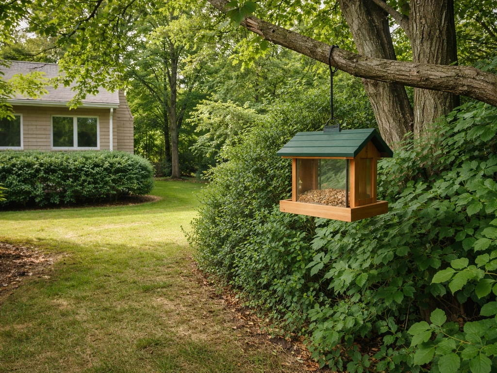 Bird feeder hung near shrubs and a nearby tree, with the yard showing safe escape cover.