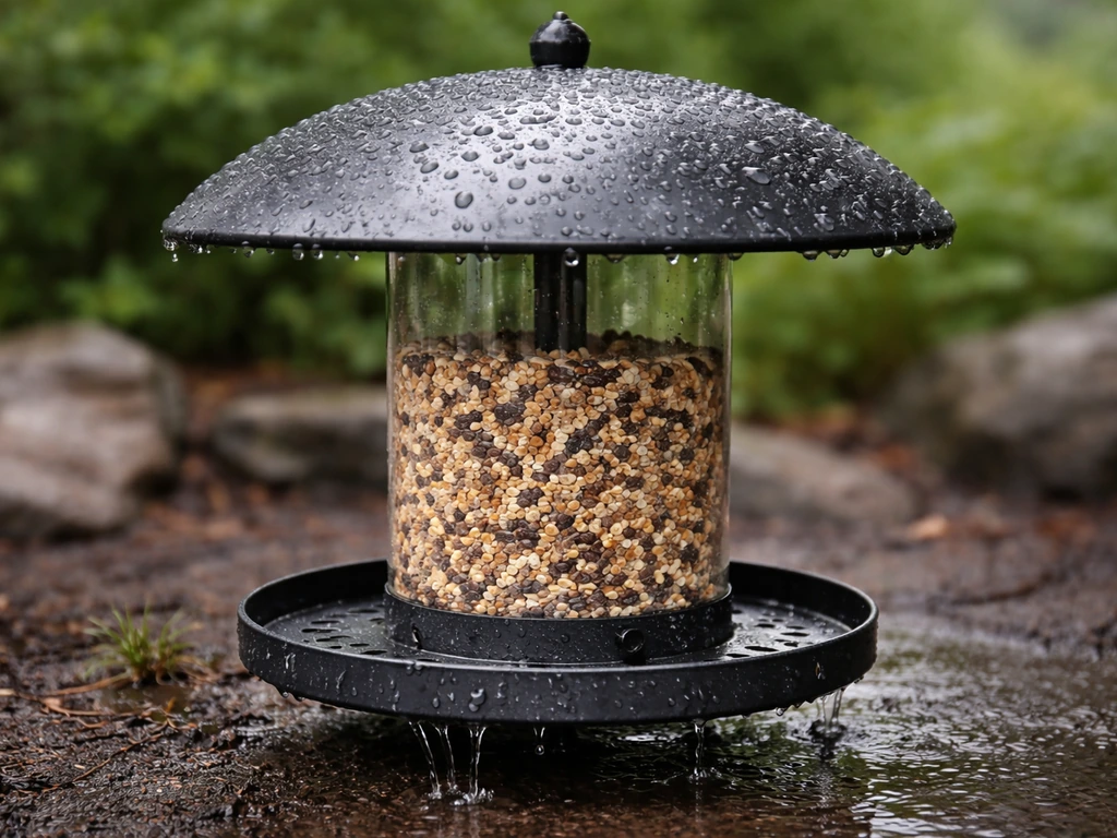 Covered bird feeder with domed roof, visible drainage, seed stays dry in rainy conditions.
