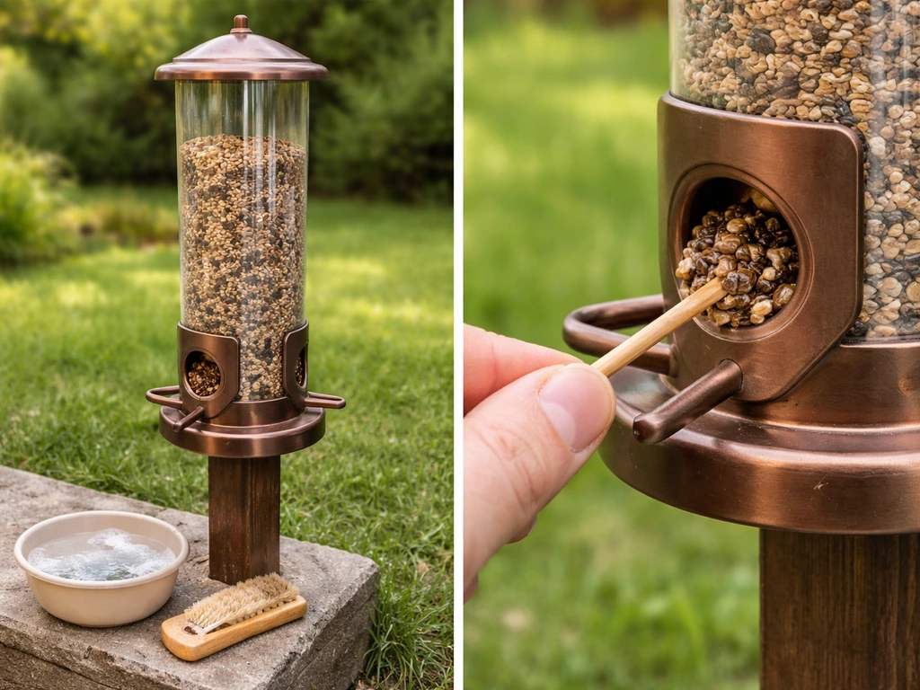 Outdoor bird feeder refilled with fresh seed beside cleaning brush and soapy rinse, with a clumped port being cleared.