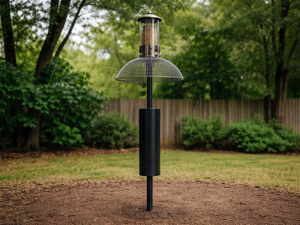 Pole-mounted baffled bird feeder with enclosed seed access, clean ground below in a quiet backyard.