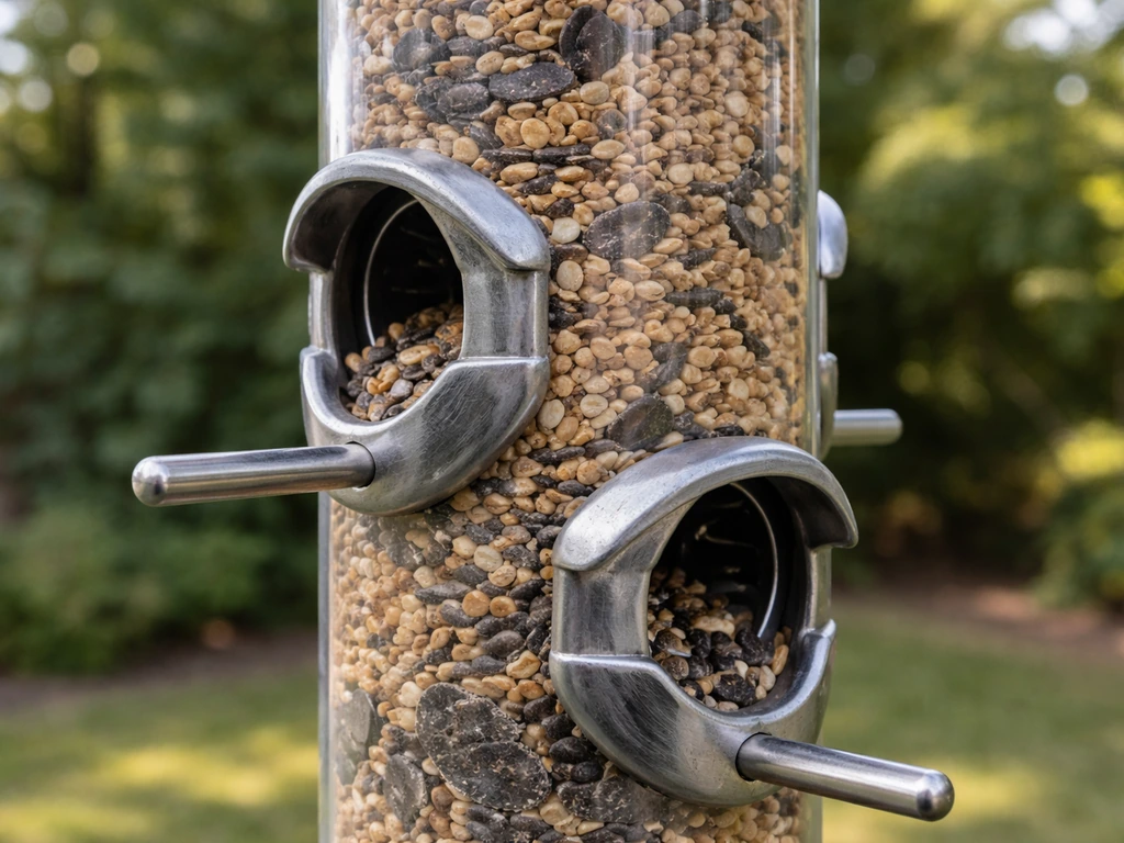 Close-up of a tube bird feeder with metal-reinforced seed ports and guarded openings blocking access.
