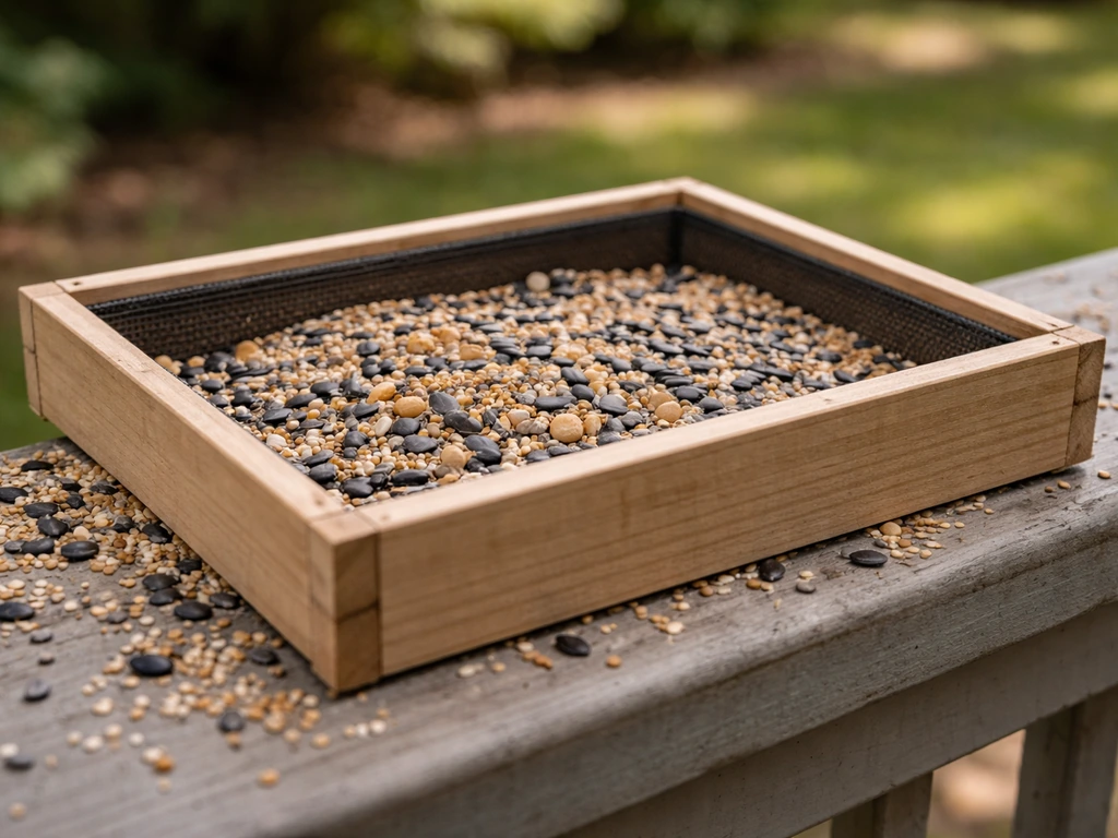 Close-up of an open platform feeder tray with scattered spilled seed on a simple outdoor surface.
