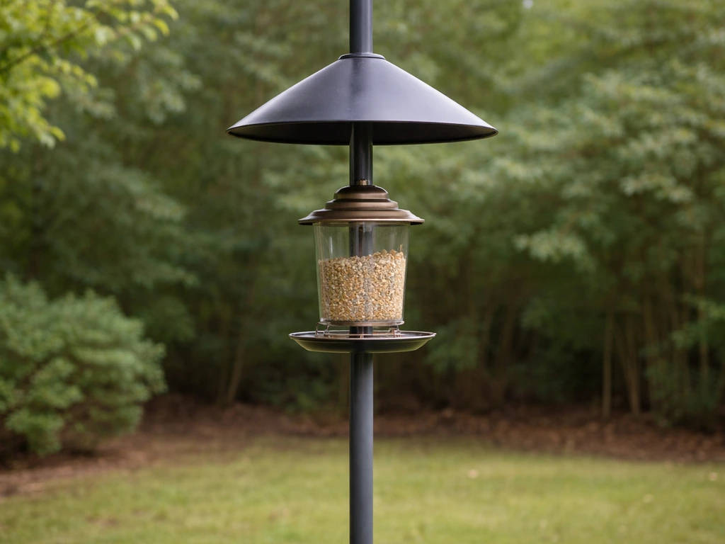Pole-mounted bird feeder on a smooth metal pole with a properly placed baffle above it.