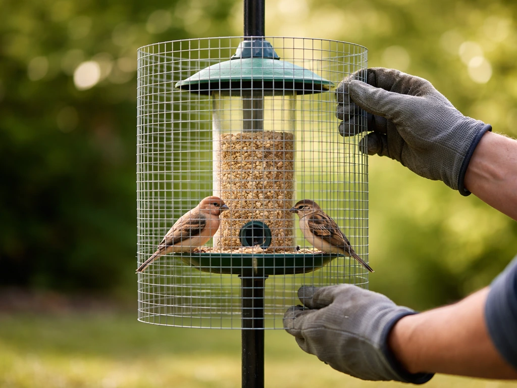 DIY hardware cloth cage around a bird feeder with mesh visible and small birds perched.