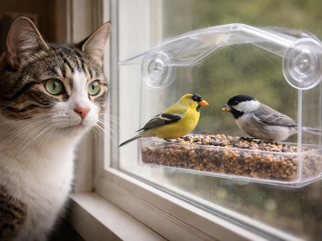 Cat watching small birds at a suction-cup window feeder mounted close to the glass