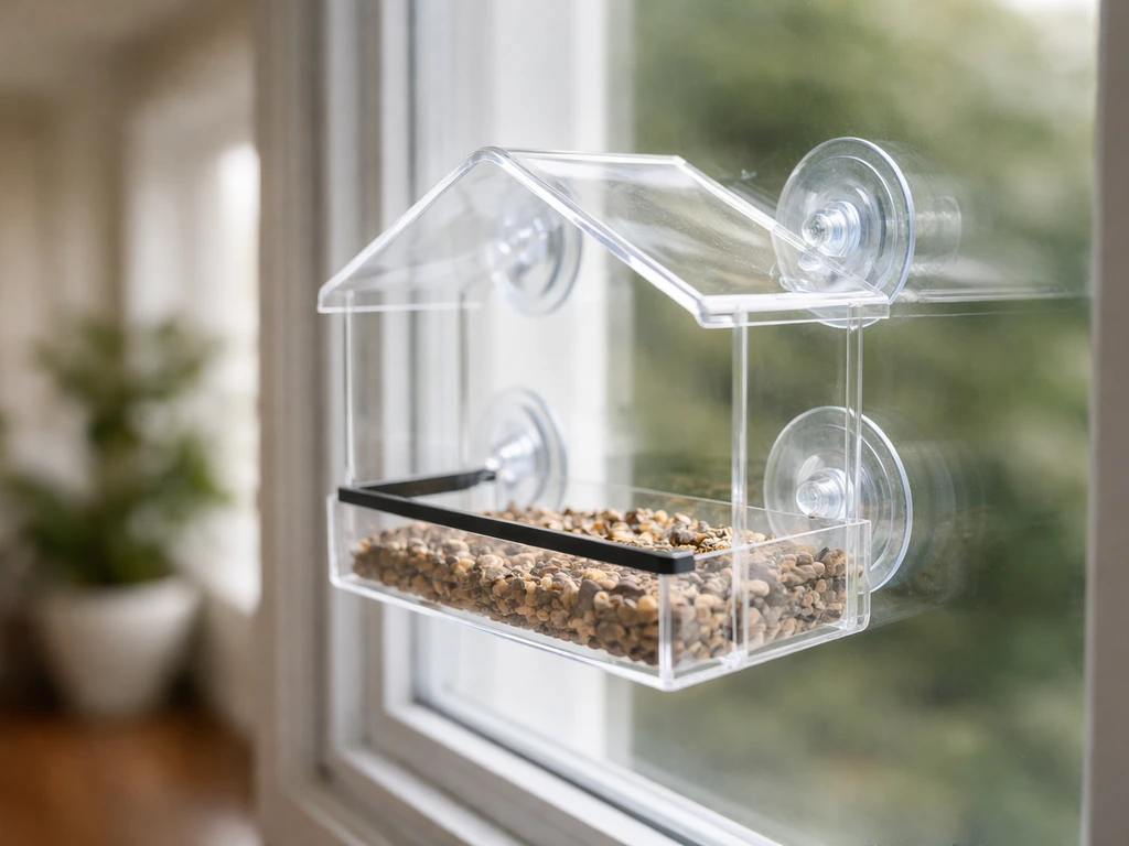 A suction-cup window bird feeder attached to glass, with the tray close to the window for easy cat viewing.