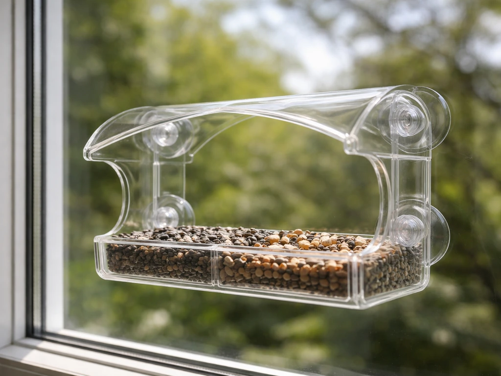 Lee Valley AG322 window bird feeder mounted on glass, showing a sturdy polycarbonate body near an outdoor bird