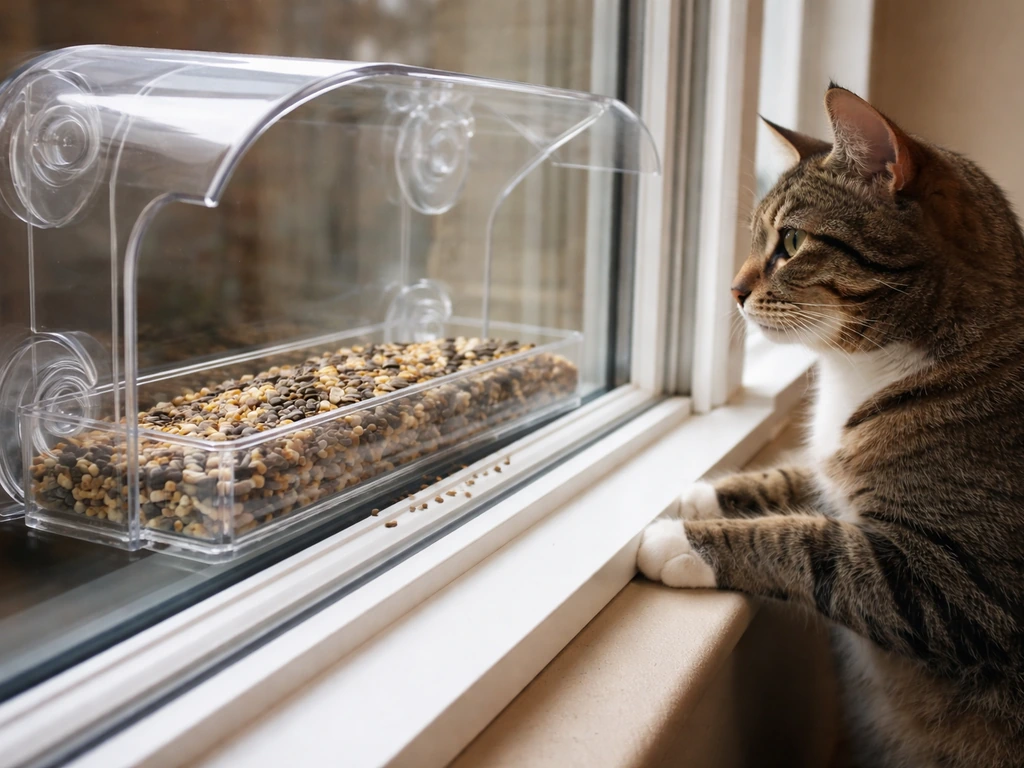 Tabby cat perched by a window-mounted polycarbonate feeder set very close to the glass