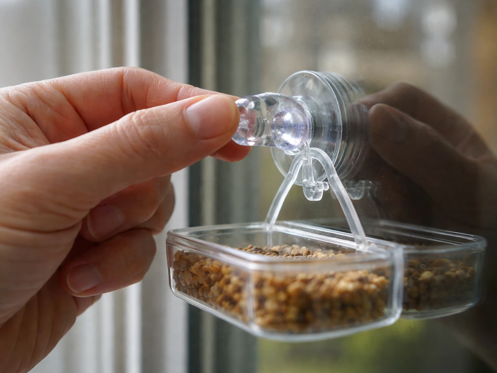 Hands press a slightly wet suction cup feeder onto a clean, dry window glass to form a seal.