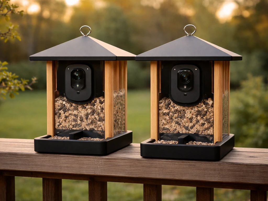 Two outdoor bird feeders side-by-side on a deck railing, camera housings visible for model comparison.