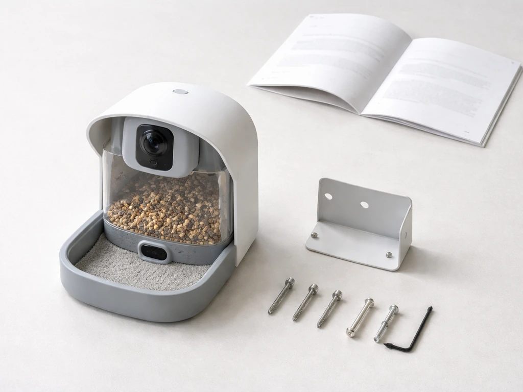 Flat-lay of Feathersnap Scout feeder unit, mounting hardware, and folded user manual on a clean surface