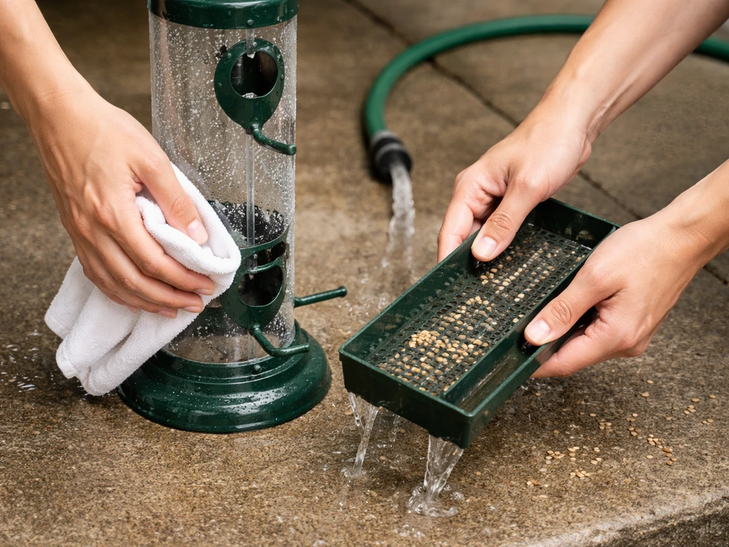 Anonymous hands opening a bird feeder and wiping/rinsing the seed tray on a patio with water droplets.