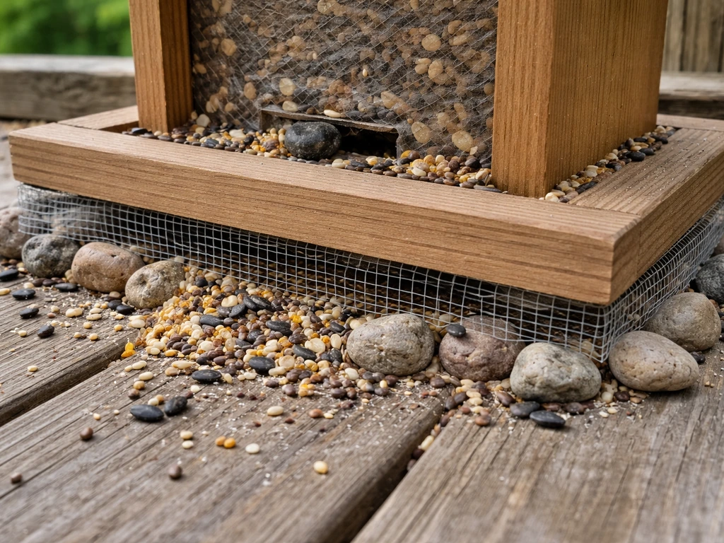 Close-up of bird feeder base with scattered seeds and small gaps suggesting pest entry points.