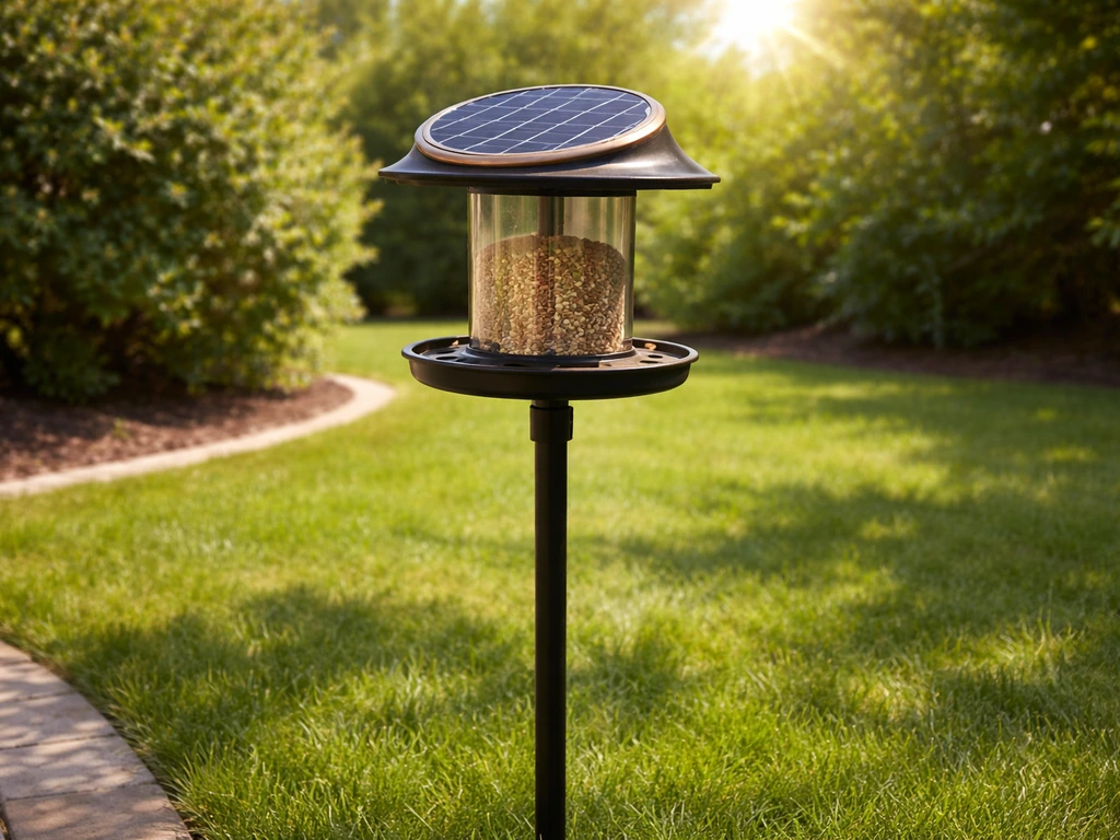 Solar bird feeder mounted 5–6 feet high in a sunny yard, solar panel facing direct light.