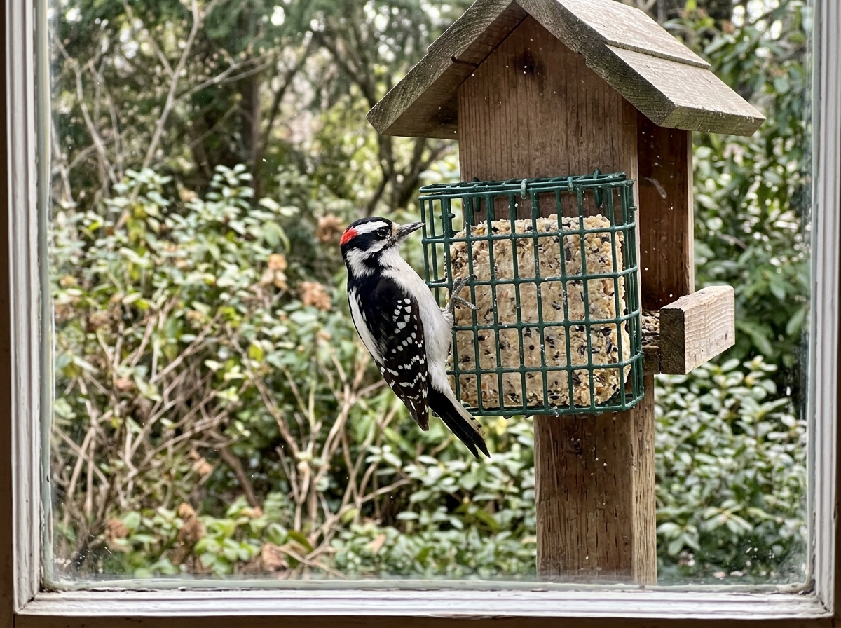 A bird clinging to a suet cage showing posture for feeder-bird identification.