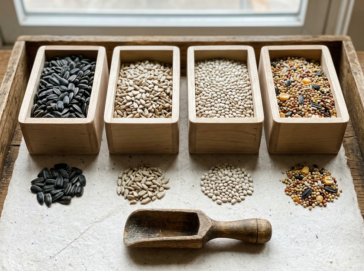Close-up of common feeder seeds showing textures like sunflower and safflower.