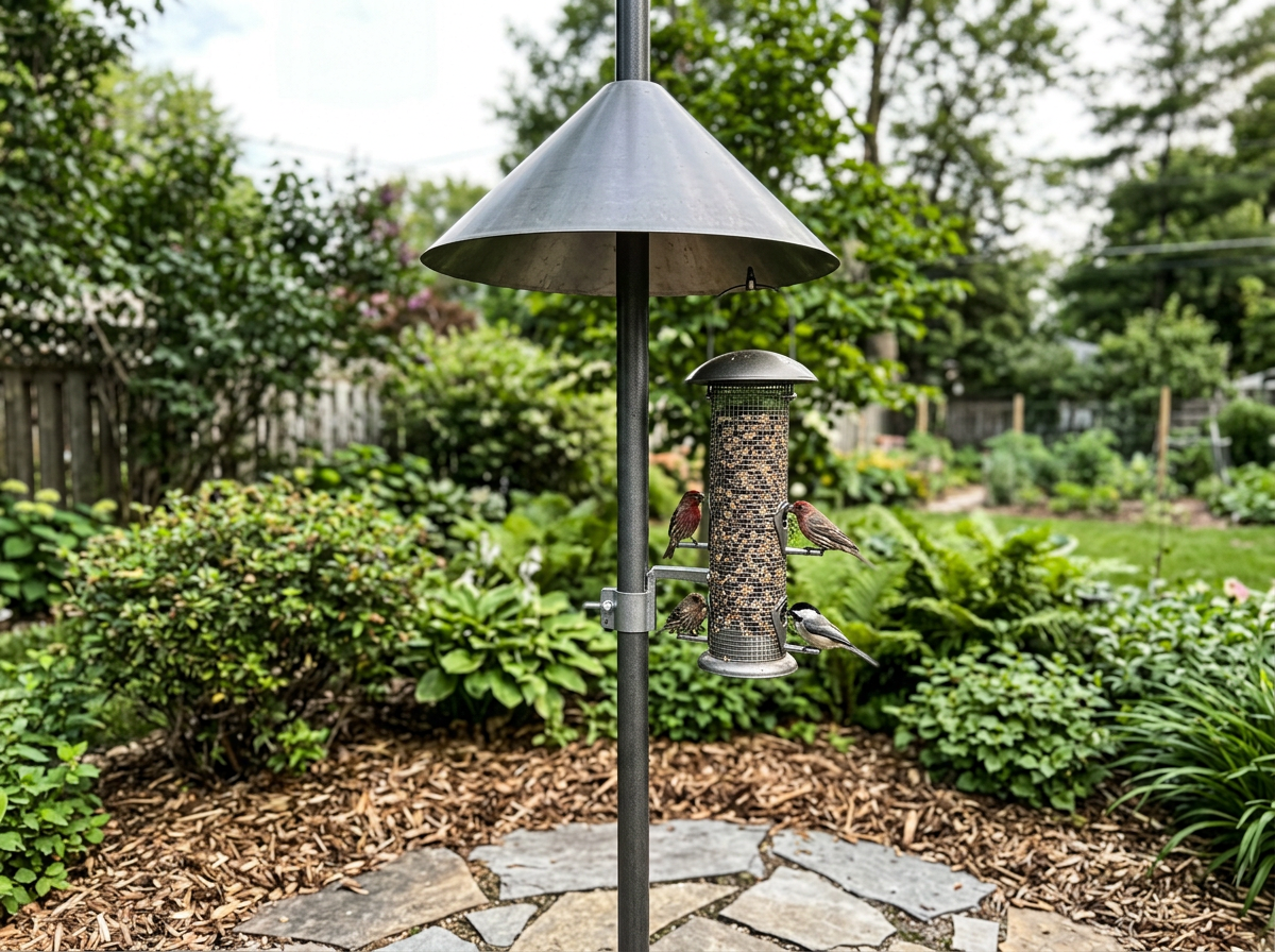 Pole feeder with metal baffle and cleaned area beneath to prevent pests.