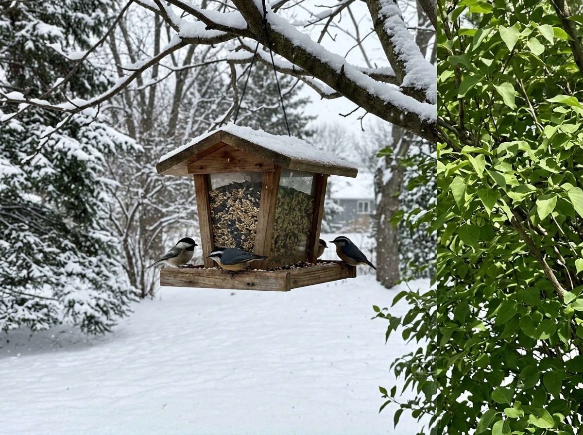 Winter yard feeding scene demonstrating seasonal setup and common feeder activity.