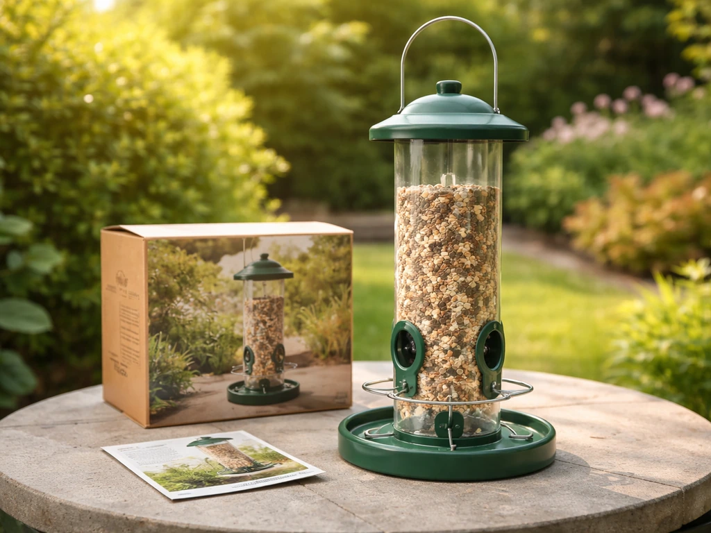Kingsyard bird feeder on a patio table with packaging label details, showing how to verify origin