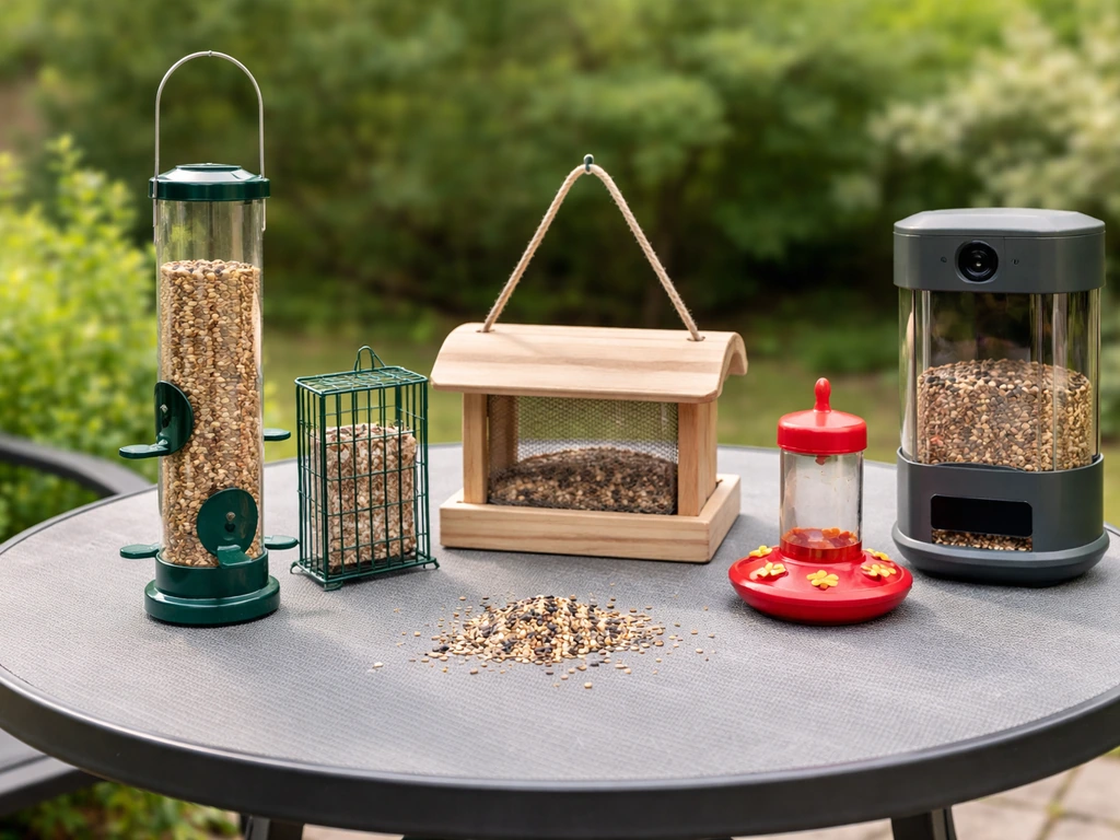 Five different bird feeder types on a patio table, including tube, suet, platform, hummingbird, and a camera feeder.