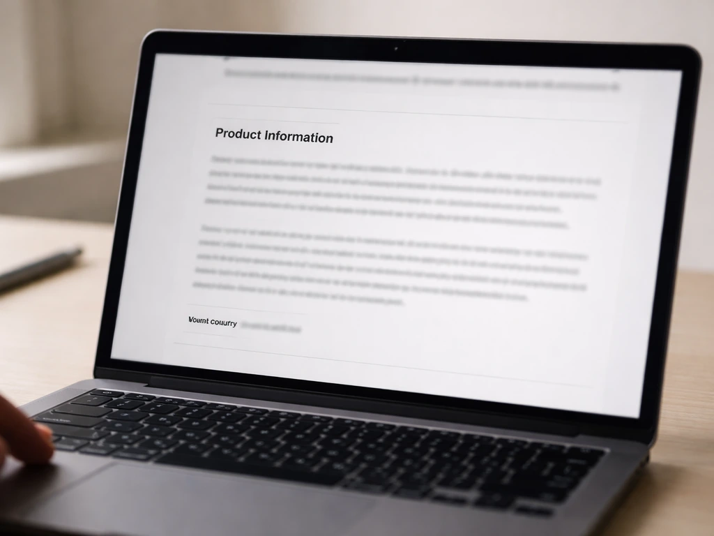 Close-up of a laptop showing a product page scrolled to a section with manufacturing origin details