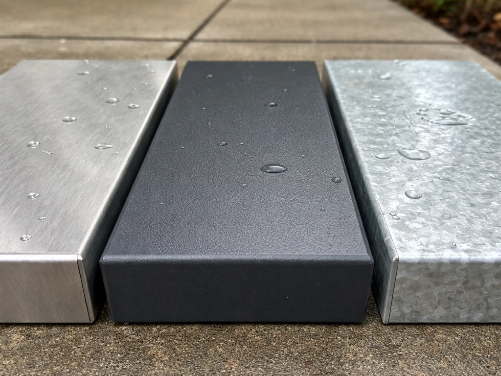 Closeup comparison of stainless, powder-coated, and galvanized metal finishes outdoors.