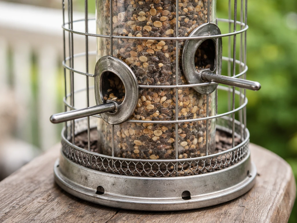Closeup of a small bird tube feeder with metal caging and seed ports, showing weatherproof hardware