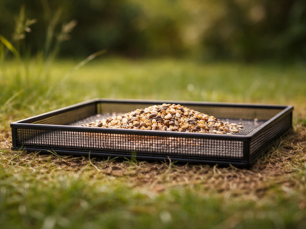 Low metal mesh platform feeder with seed on top, photographed from ground level in a backyard.