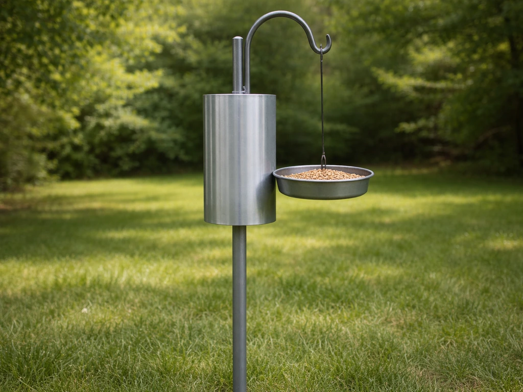 Pole-mounted metal feeder with visible baffle above, showing pest-reduced positioning outdoors