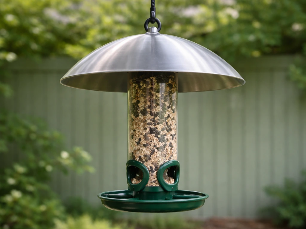 Garden bird feeder with a protective baffle and clear view of the area pests would access