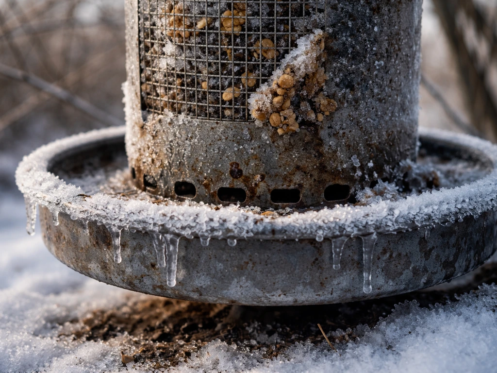 Close-up of a metal bird feeder in winter with frost and clumped seed near the drainage area