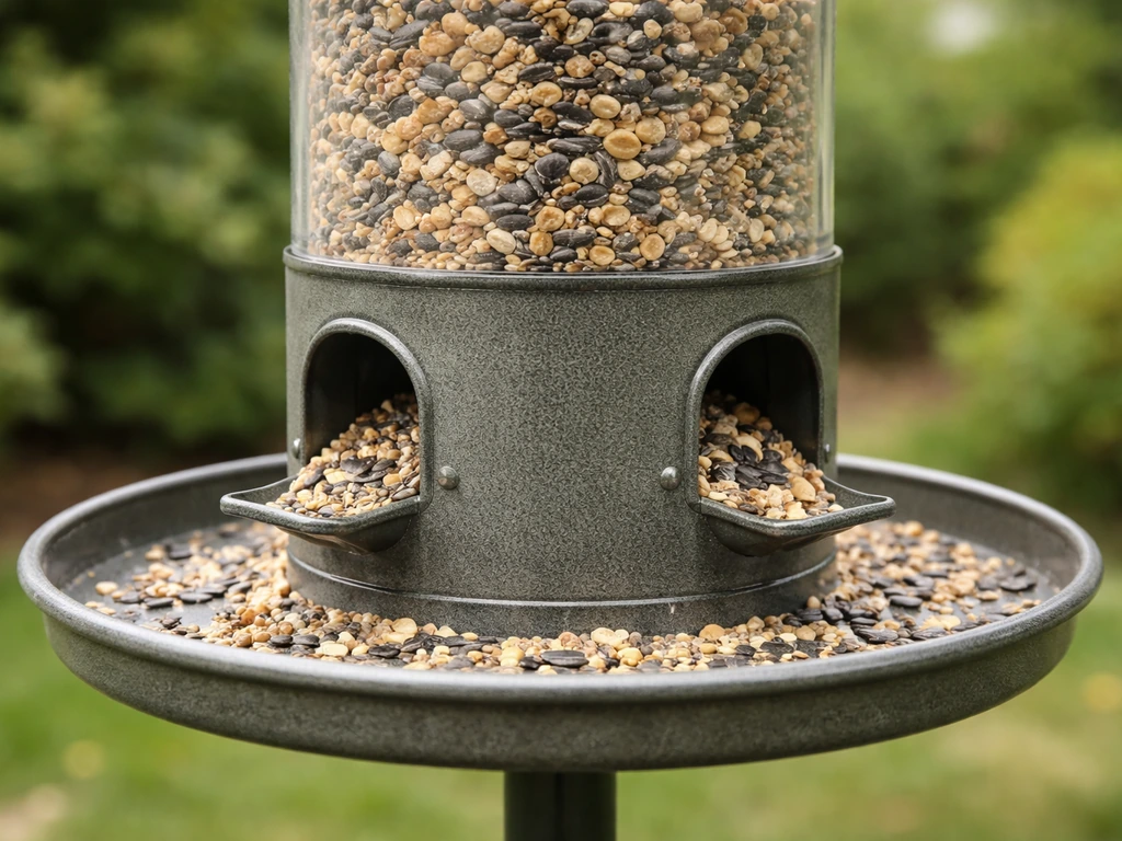 Close-up of a hopper bird feeder with a central seed reservoir and open bottom ports feeding a tray.