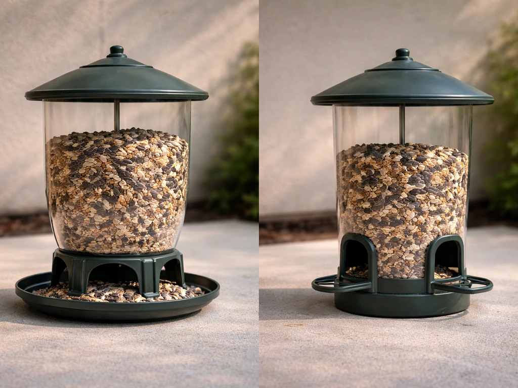 Two hopper bird feeders side by side, highlighting different reservoir shapes and port layouts.