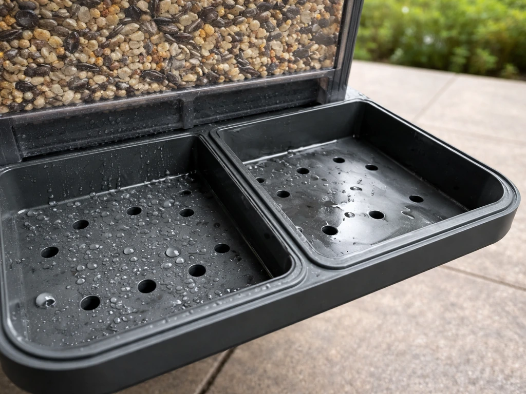 Close-up of a bird feeder base tray with drainage holes, with damp beading suggesting rain runoff.