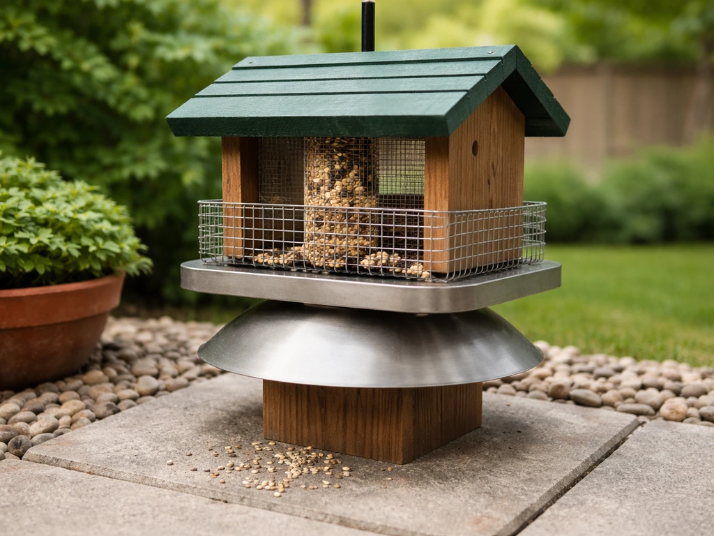 Hopper bird feeder on a patio with a metal baffle and mesh guard to deter pests.