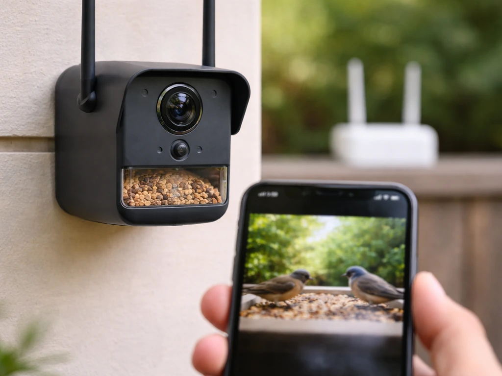 Close-up of a wireless feeder camera with a phone showing a live-view style glow, no readable text.