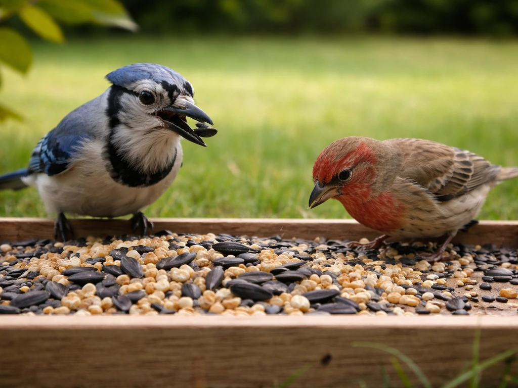 Wild birds feeding on an open bird feeder tray with visible mixed seeds and black oil sunflower seeds.
