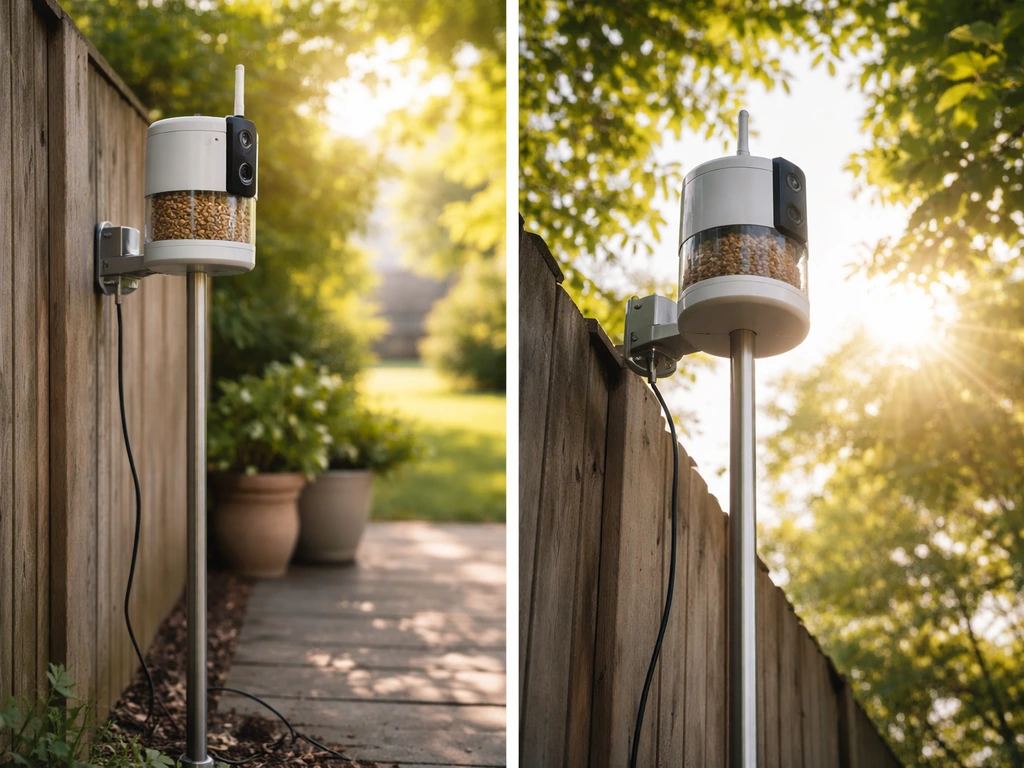 Outdoor setup of a Wi‑Fi bird feeder mounted on a pole, aimed toward a sunny feeding area.