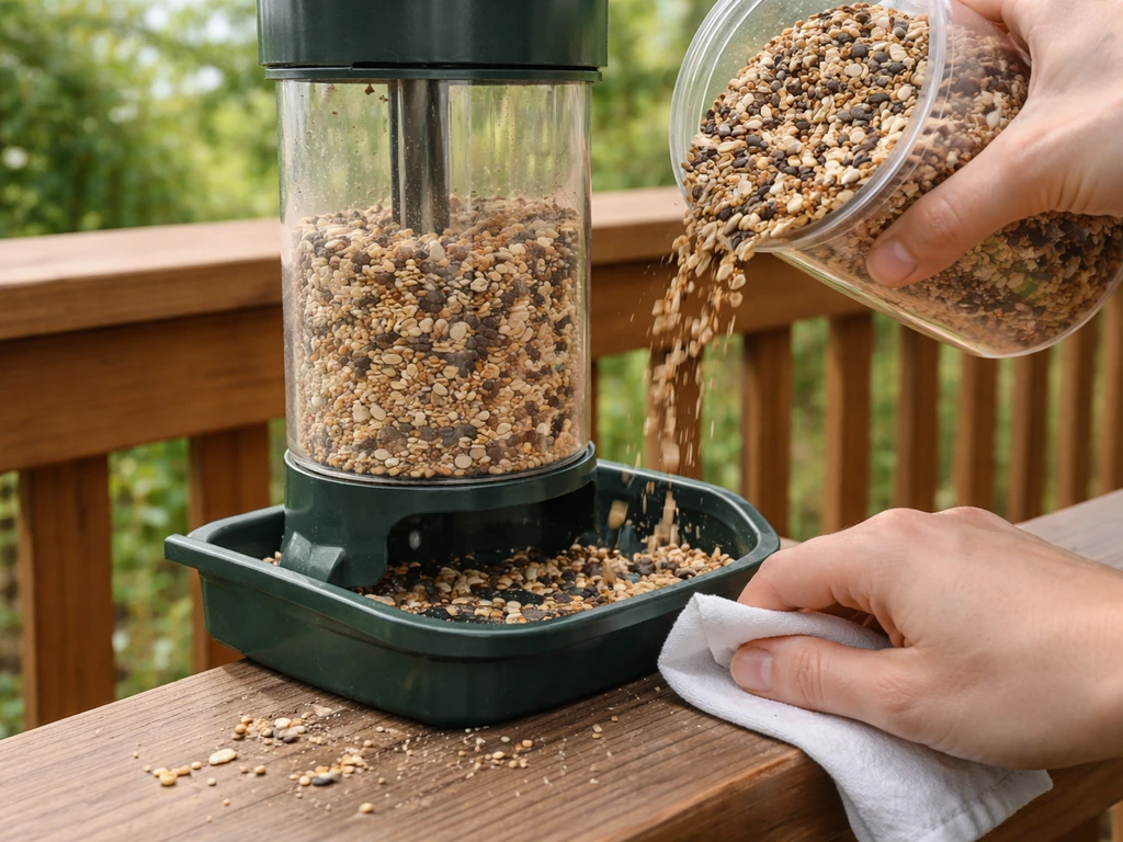 Hand refilling a gravity bird feeder tray and wiping seed hulls around the base on a quiet patio.