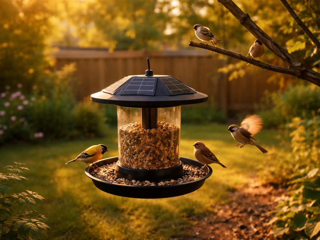 Golden-hour backyard with a modern solar bird feeder and a few birds perched nearby