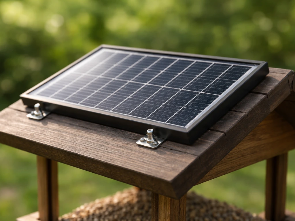 Close-up of a solar smart bird feeder’s roof-mounted photovoltaic panel and mounting angle.