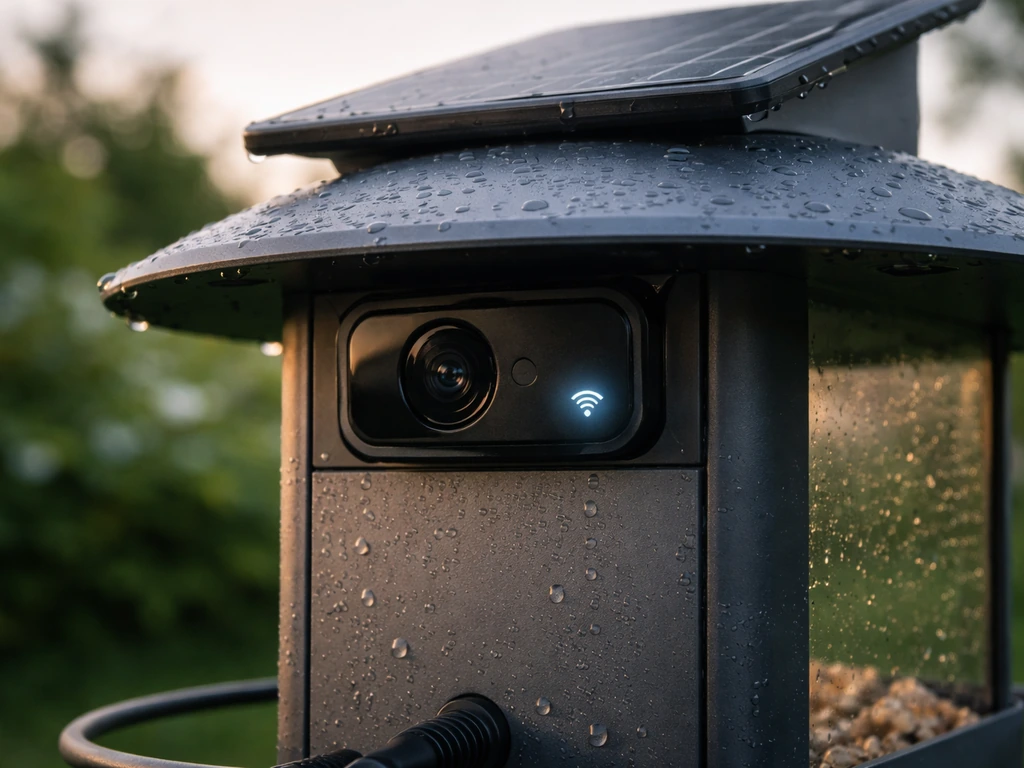Rear view of a solar bird feeder showing its camera module and a small Wi‑Fi indicator light.