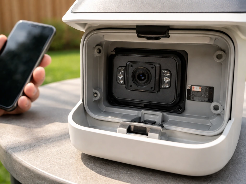 Close-up of a solar smart feeder housing with a visible microSD card beside the camera module.