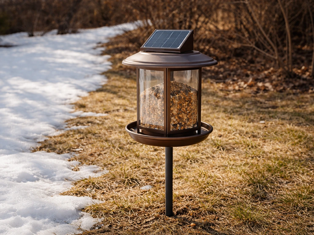 Solar bird feeder in winter sun on clear ground, with nearby shaded area showing reduced charging.