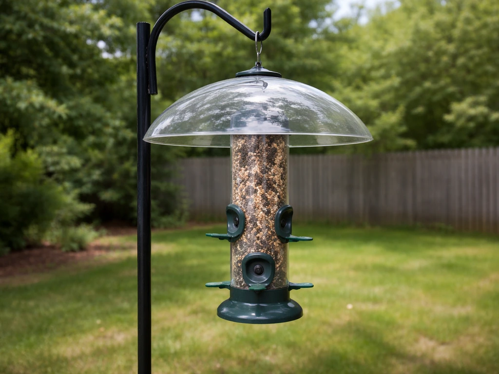 Pole-mounted bird feeder outdoors with a squirrel baffle and pest guard blocking access.