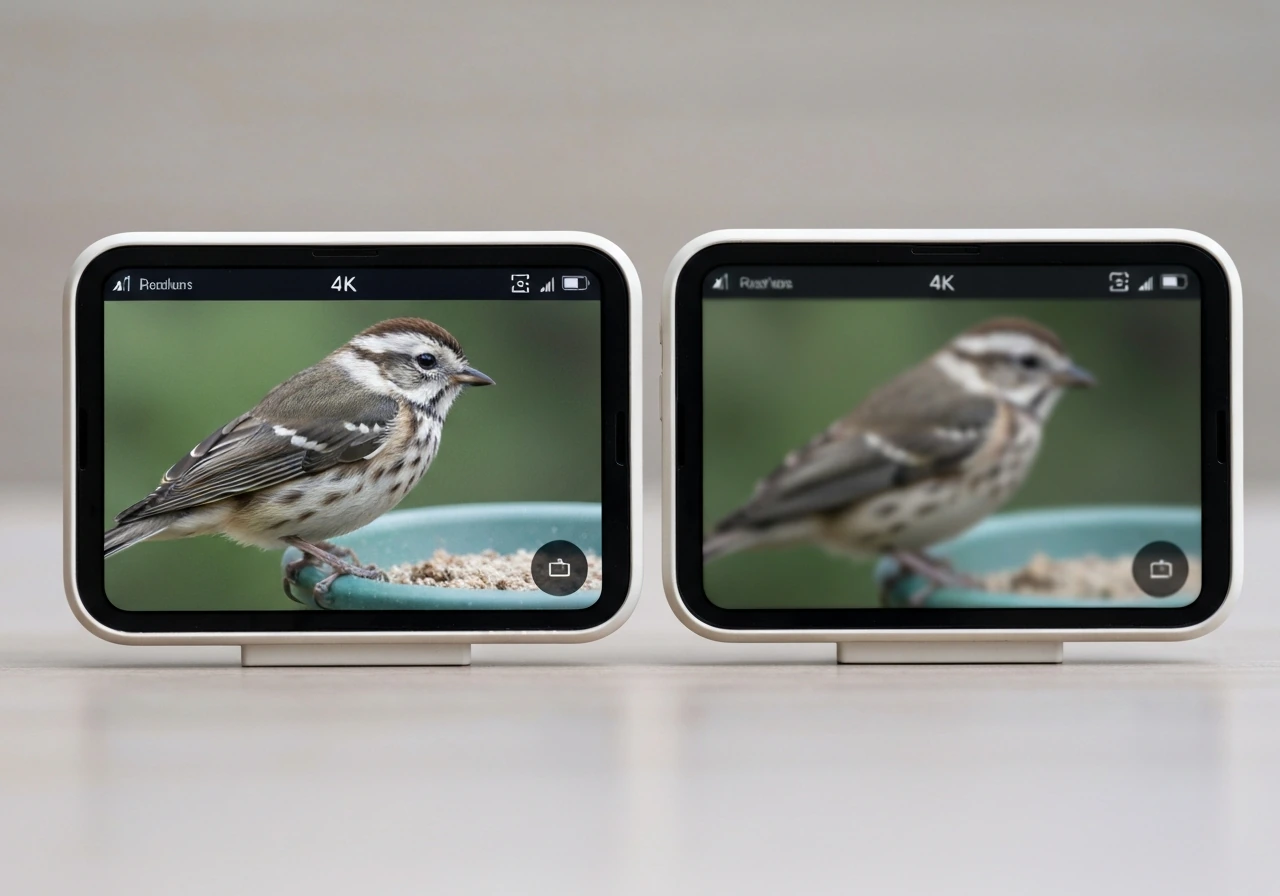 Side-by-side feeder-camera images showing crisp 4K plumage detail vs blurred lower-resolution feed.