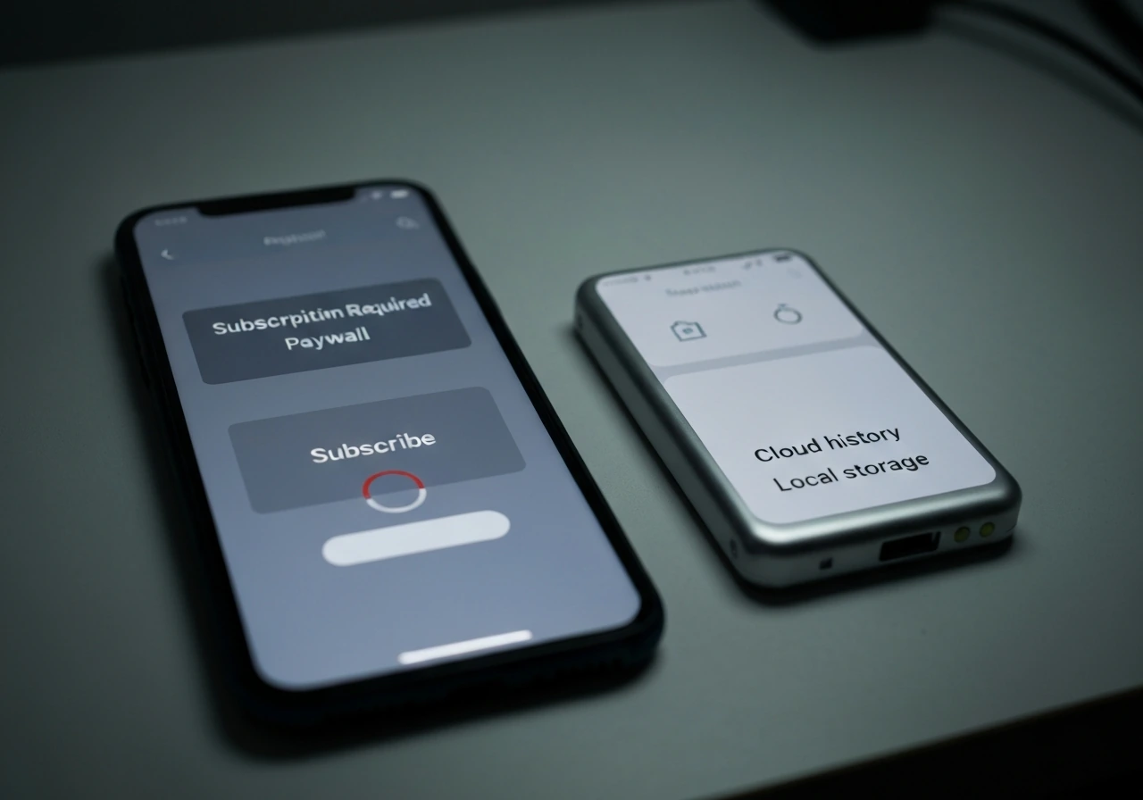 Smartphone on a desk with a blurred paywall overlay and nearby external drive hinting cloud vs local storage.